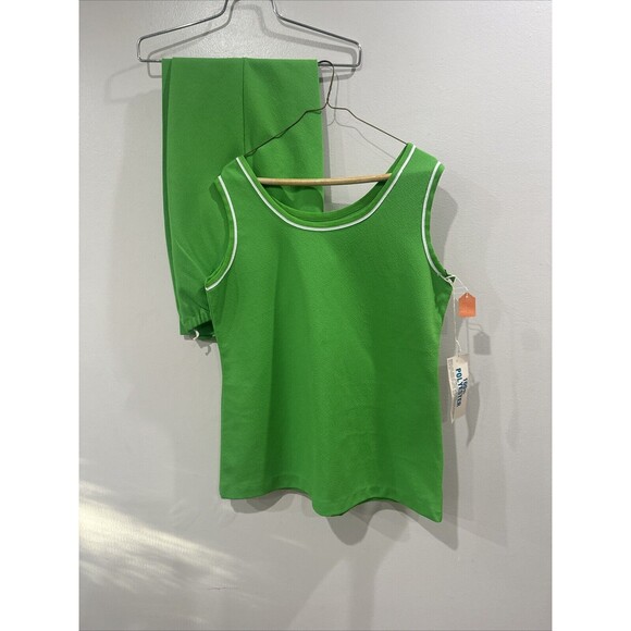 Vintage 70s Women’s Polyester Pant Set Green Sleeveless Tank NWT Size 18 - Picture 1 of 14